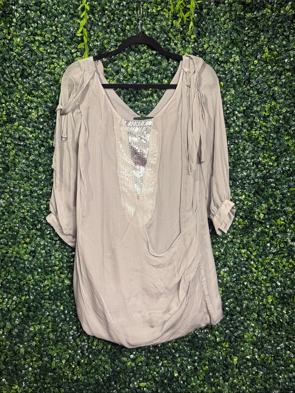 Sequined V-Neck Taupe Tunic with Tie-Sleeve Detail